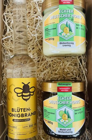 Geschenkbox: Blütenhonigbrand mit 2× Waldhonig