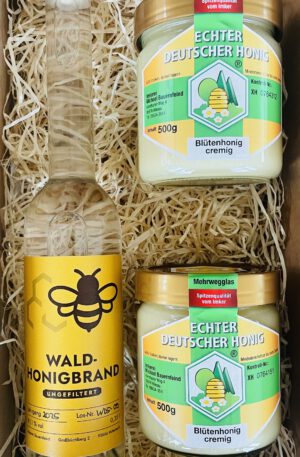 Geschenkbox: Waldhonigbrand mit 2× Blütenhonig